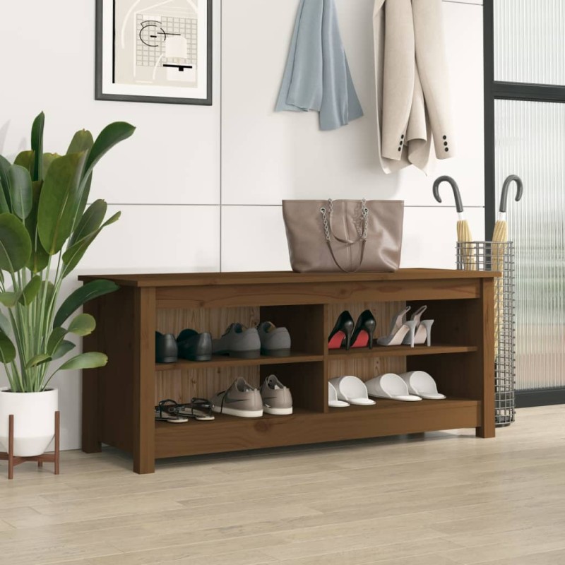 vidaXL Banco zapatero madera maciza de pino marrón miel 110x38x45,5 cm vidaXL Banco zapatero madera maciza de pino marrón miel 110x38x45,5 cm