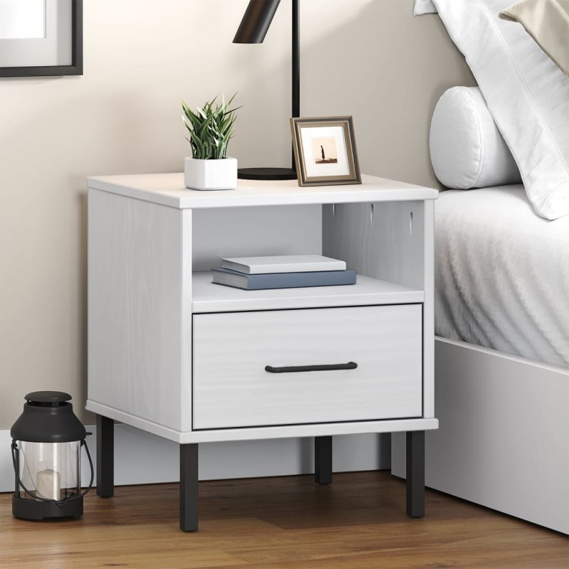 vidaXL Mesita de noche patas de metal madera maciza pino blanca OSLO vidaXL Mesita de noche patas de metal madera maciza pino blanca OSLO