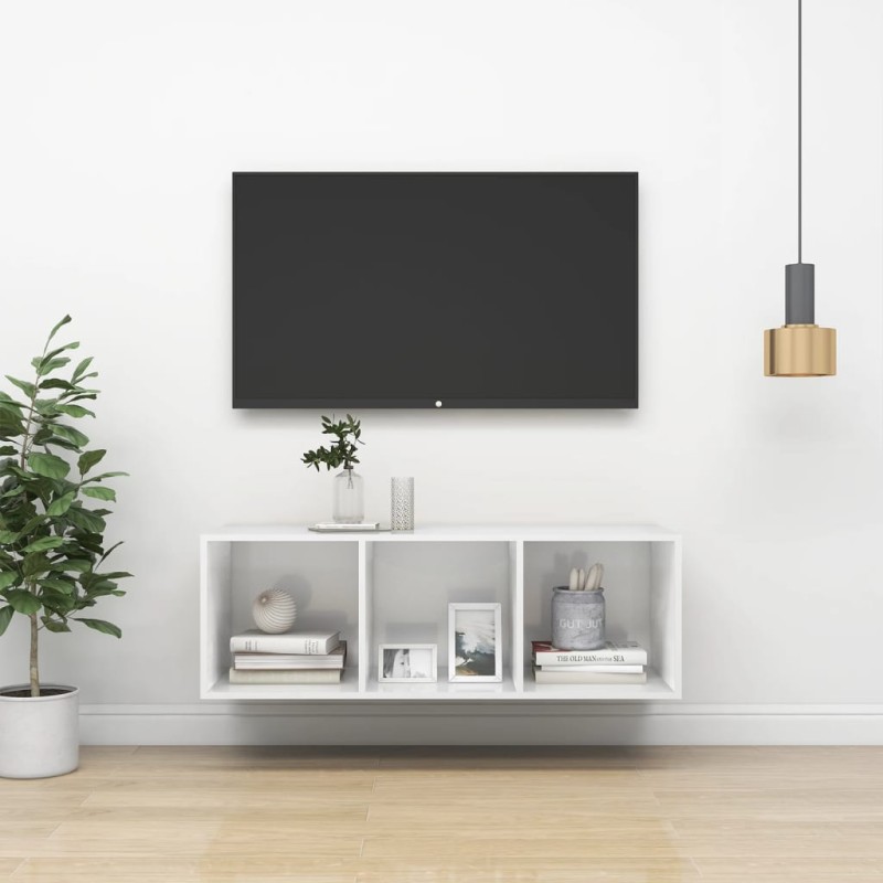 vidaXL Mueble TV pared madera contrachapada blanco brillo 37x37x107 cm vidaXL Mueble TV pared madera contrachapada blanco brillo 37x37x107 cm