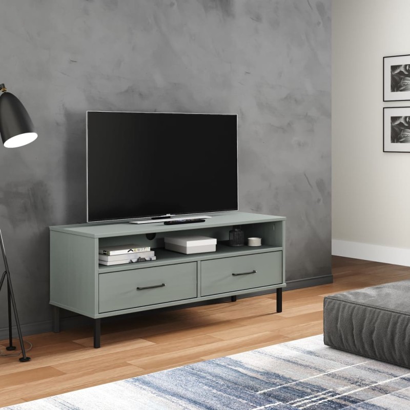 vidaXL Mueble de TV con patas de metal OSLO madera maciza pino gris vidaXL Mueble de TV con patas de metal OSLO madera maciza pino gris