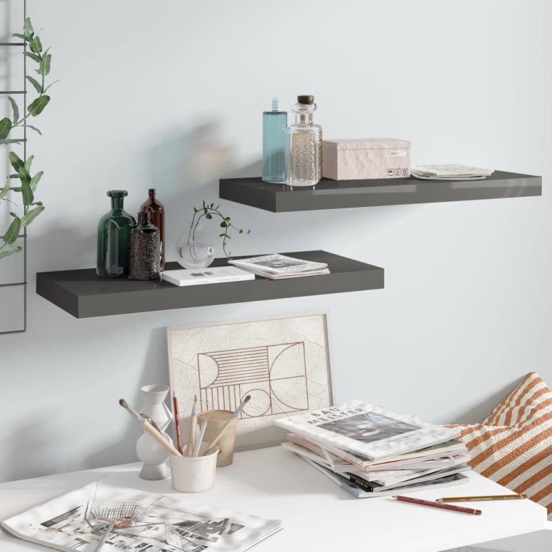 vidaXL Estantes flotantes de pared 2 uds MDF gris brillo 60x23,5x3,8cm vidaXL Estantes flotantes de pared 2 uds MDF gris brillo 60x23,5x3,8cm