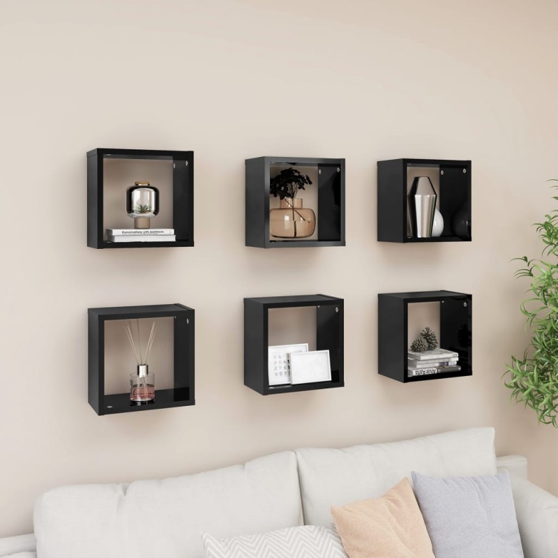 vidaXL Estantes cubo de pared 6 unidades negro brillo 26x15x26 cm vidaXL Estantes cubo de pared 6 unidades negro brillo 26x15x26 cm
