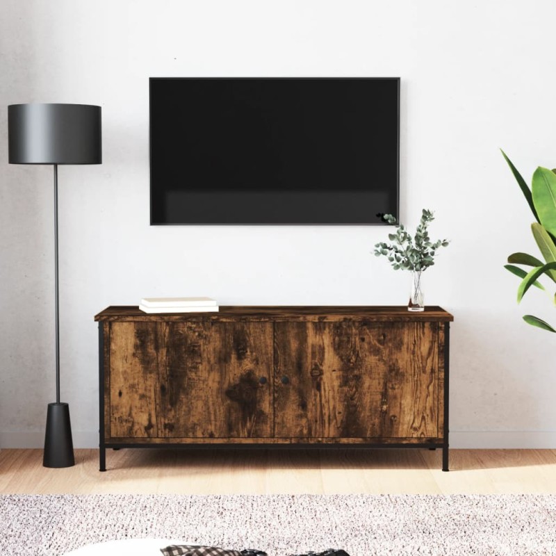 vidaXL Mueble TV con puertas contrachapada roble ahumado 102x35x45 cm vidaXL Mueble TV con puertas contrachapada roble ahumado 102x35x45 cm