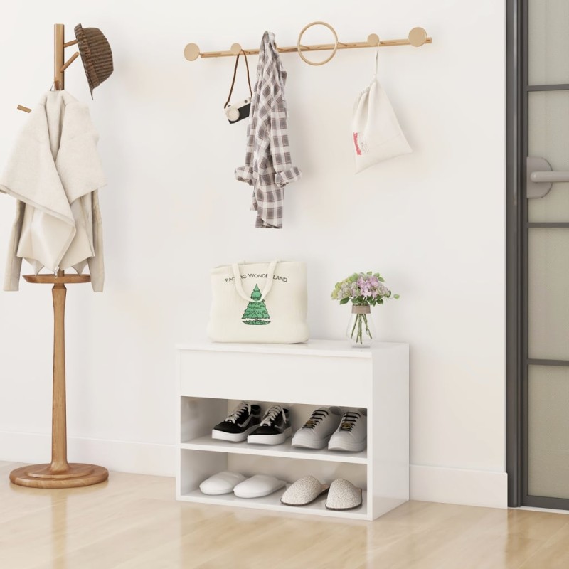 vidaXL Banco zapatero madera contrachapada blanco brillante 60x30x45cm vidaXL Banco zapatero madera contrachapada blanco brillante 60x30x45cm