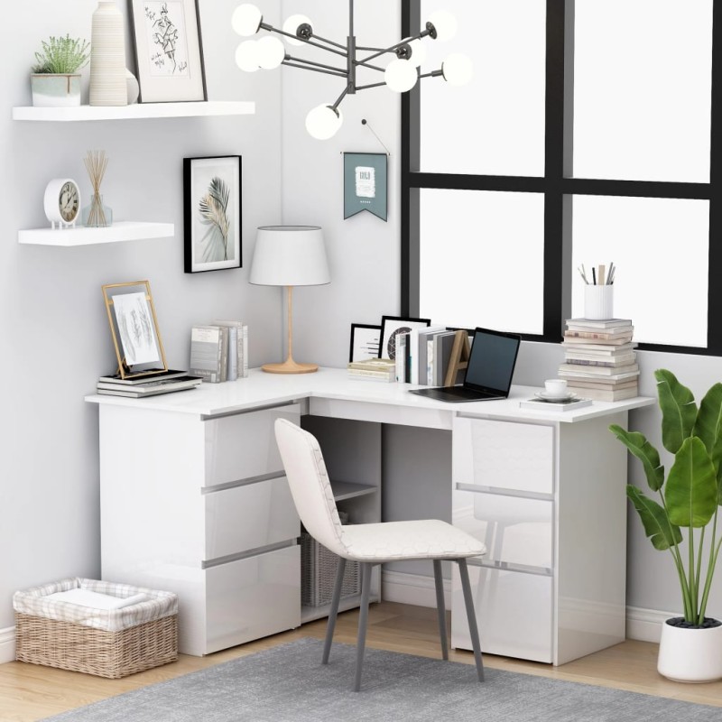 vidaXL Escritorio de esquina contrachapada blanco brillo 145x100x76 cm vidaXL Escritorio de esquina contrachapada blanco brillo 145x100x76 cm