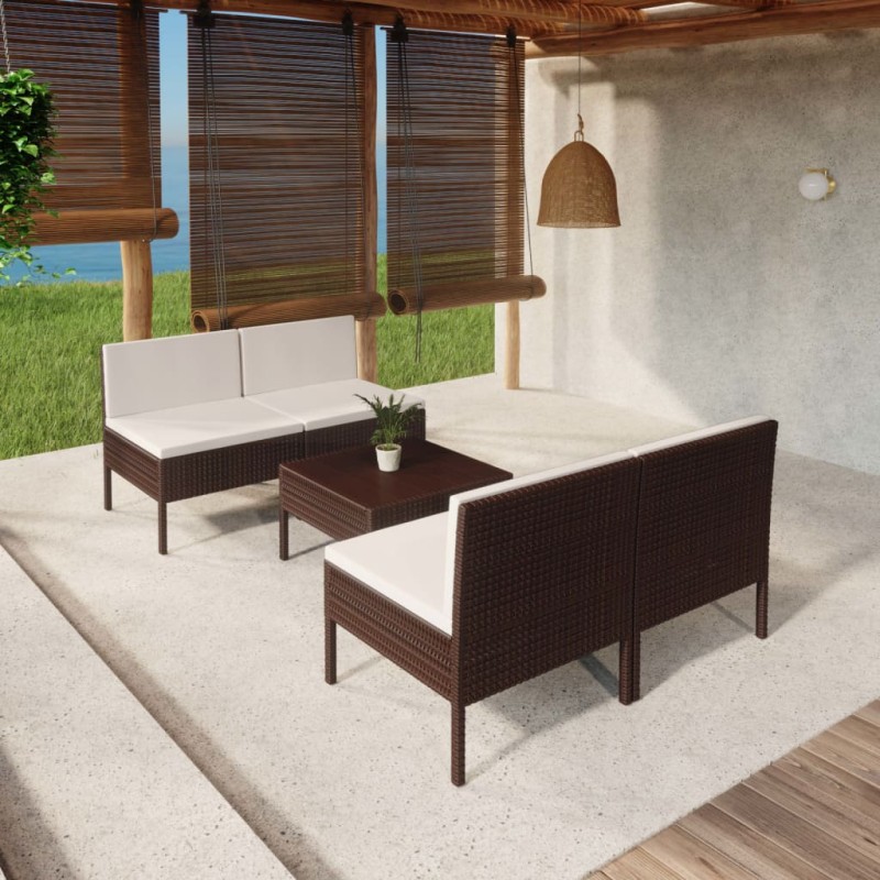 vidaXL Set muebles de jardín 5 pzas y cojines ratán sintético marrón vidaXL Set muebles de jardín 5 pzas y cojines ratán sintético marrón