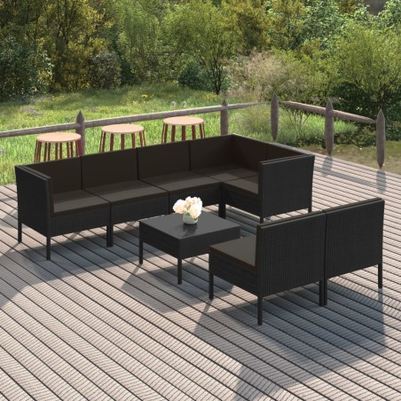 vidaXL Set de muebles de jardín 8 pzas y cojines ratán sintético negro