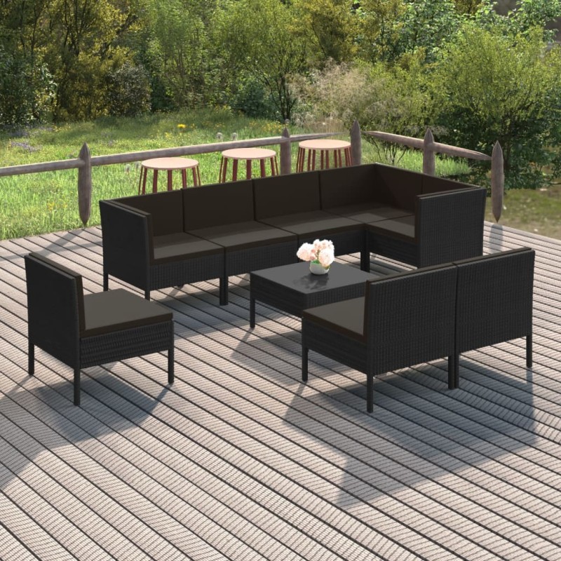 vidaXL Set de muebles de jardín 9 pzas y cojines ratán sintético negro vidaXL Set de muebles de jardín 9 pzas y cojines ratán sintético negro