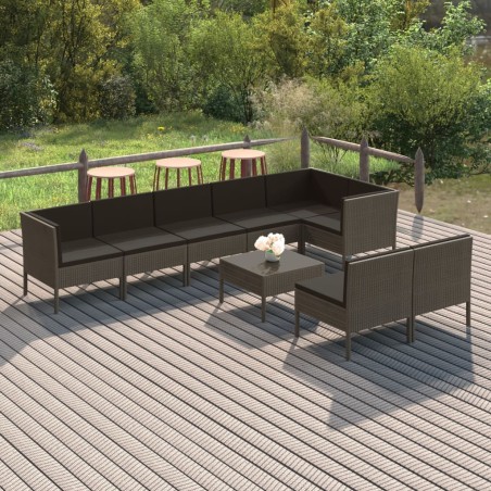 vidaXL Set de muebles de jardín 9 pzas y cojines ratán sintético gris