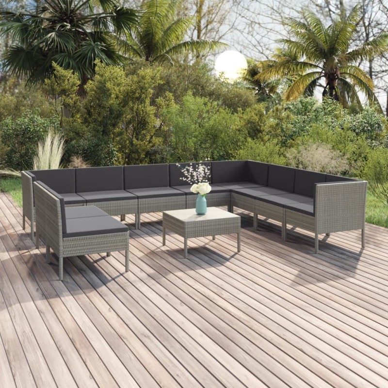 vidaXL Set de muebles de jardín 11 pzas y cojines ratán sintético gris vidaXL Set de muebles de jardín 11 pzas y cojines ratán sintético gris