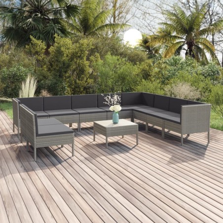 vidaXL Set de muebles de jardín 11 pzas y cojines ratán sintético gris