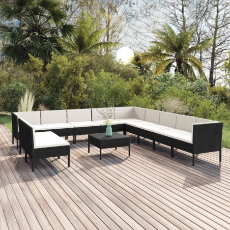 vidaXL Set muebles de jardín 12 pzas y cojines ratán sintético negro