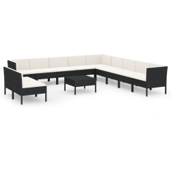 vidaXL Set muebles de jardín 12 pzas y cojines ratán sintético negro
