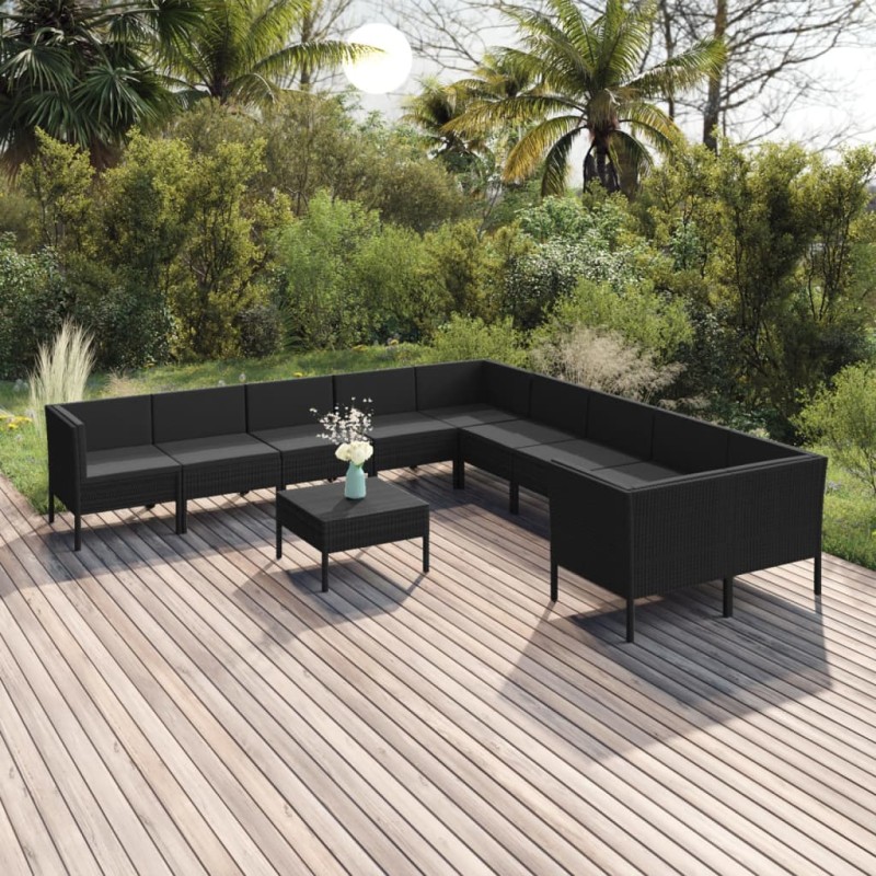 vidaXL Set de muebles de jardín 11 pzas cojines ratán sintético negro vidaXL Set de muebles de jardín 11 pzas cojines ratán sintético negro