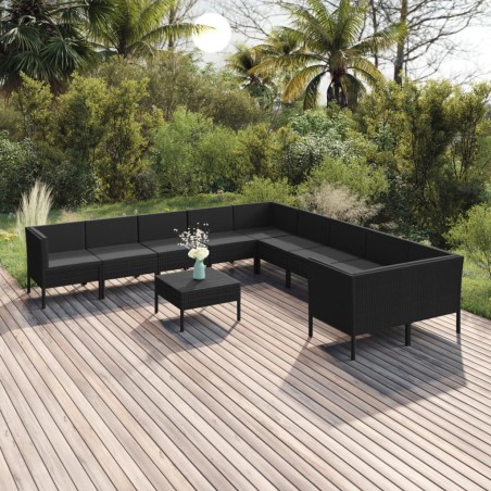 vidaXL Set de muebles de jardín 11 pzas cojines ratán sintético negro