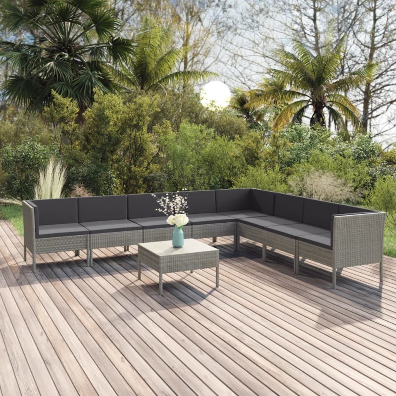 vidaXL Set de muebles de jardín 9 pzas y cojines ratán sintético gris vidaXL Set de muebles de jardín 9 pzas y cojines ratán sintético gris