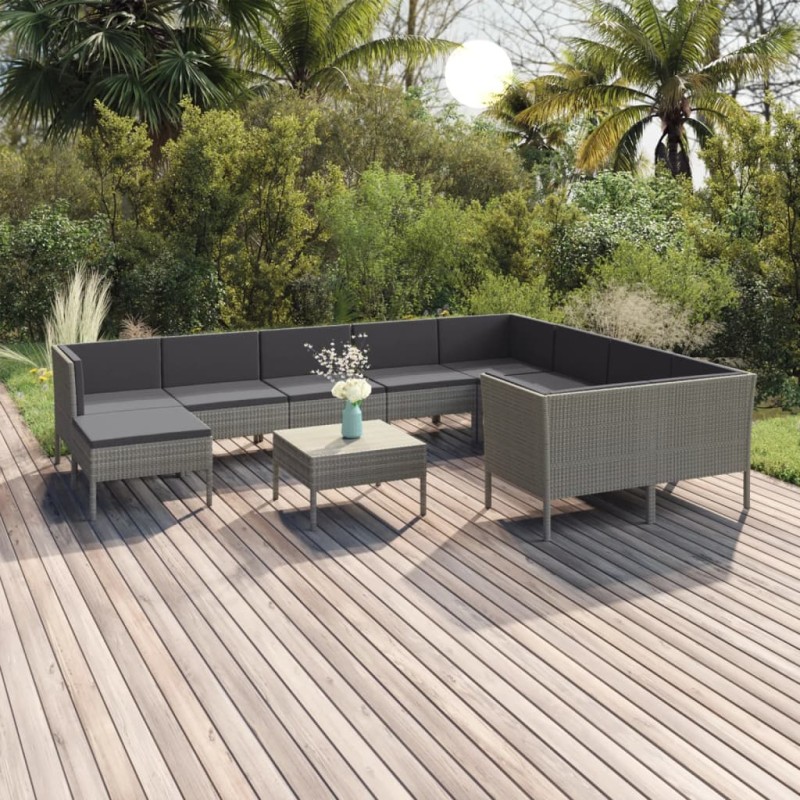 vidaXL Set de muebles de jardín 11 pzas y cojines ratán sintético gris vidaXL Set de muebles de jardín 11 pzas y cojines ratán sintético gris