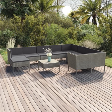 vidaXL Set de muebles de jardín 11 pzas y cojines ratán sintético gris