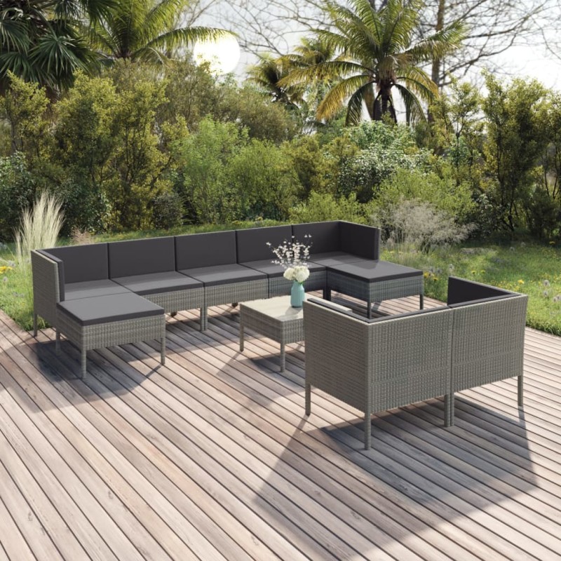 vidaXL Set de muebles de jardín 10 pzas y cojines ratán sintético gris vidaXL Set de muebles de jardín 10 pzas y cojines ratán sintético gris