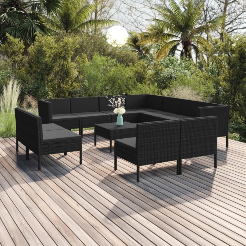 vidaXL Set muebles de jardín 12 pzas y cojines ratán sintético negro vidaXL Set muebles de jardín 12 pzas y cojines ratán sintético negro