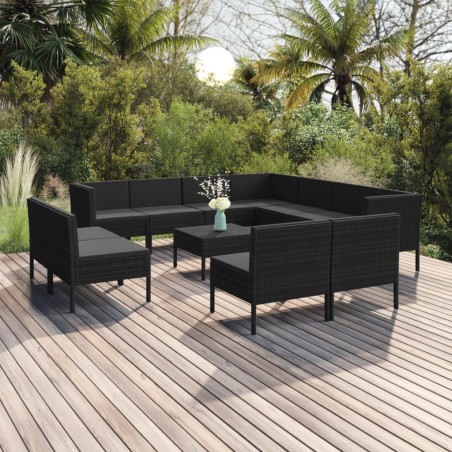 vidaXL Set muebles de jardín 12 pzas y cojines ratán sintético negro