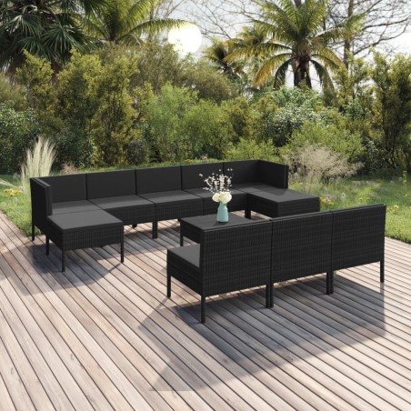 vidaXL Set muebles de jardín 11 pzas y cojines ratán sintético negro