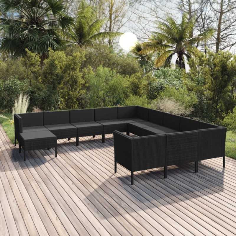 vidaXL Set muebles de jardín 12 pzas y cojines ratán sintético negro vidaXL Set muebles de jardín 12 pzas y cojines ratán sintético negro