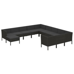 vidaXL Set muebles de jardín 12 pzas y cojines ratán sintético negro