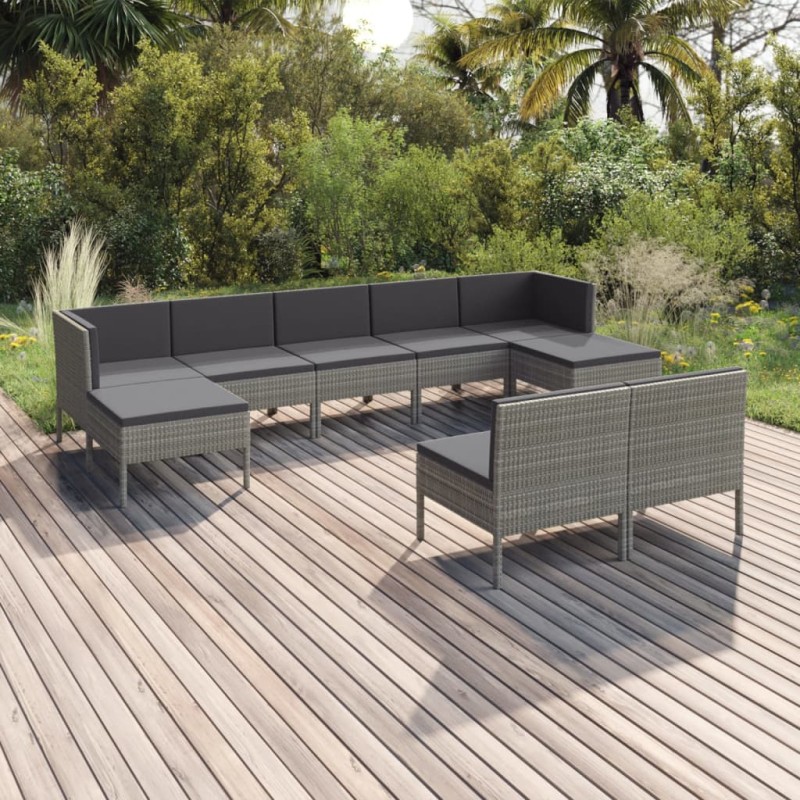 vidaXL Set de muebles de jardín 9 pzas y cojines ratán sintético gris vidaXL Set de muebles de jardín 9 pzas y cojines ratán sintético gris