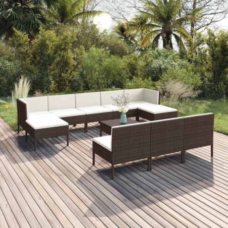 vidaXL Set muebles de jardín 11 pzas y cojines ratán sintético marrón