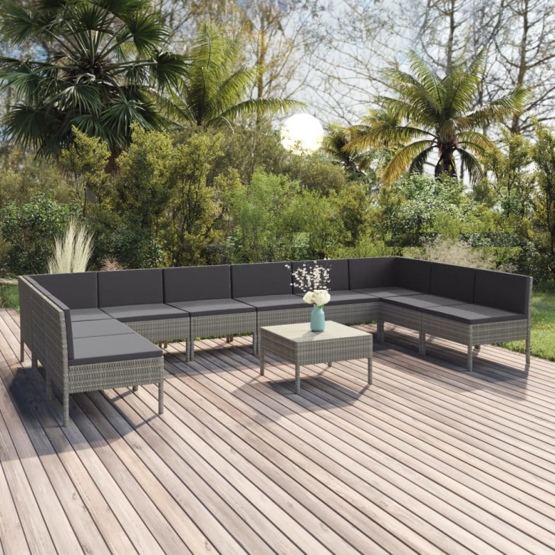 vidaXL Set de muebles de jardín 11 pzas y cojines ratán sintético gris vidaXL Set de muebles de jardín 11 pzas y cojines ratán sintético gris