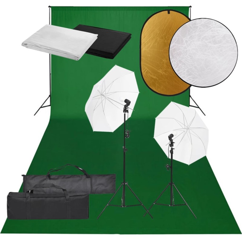 vidaXL Kit de estudio fotográfico con set de luces, fondo y reflector vidaXL Kit de estudio fotográfico con set de luces, fondo y reflector