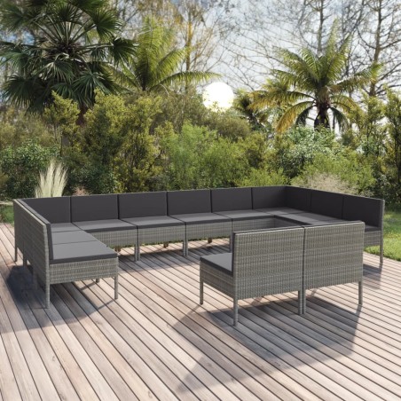 vidaXL Set de muebles de jardín 12 pzas y cojines ratán sintético gris