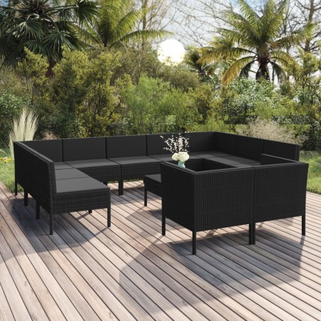 vidaXL Set de muebles de jardín 12 pzas cojines ratán sintético negro