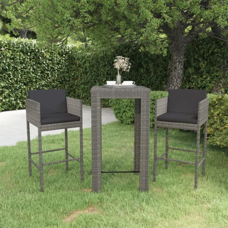 vidaXL Set muebles bar jardín 3 piezas y cojines ratán sintético gris