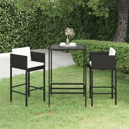 vidaXL Set muebles bar jardín 3 piezas y cojines ratán sintético negro