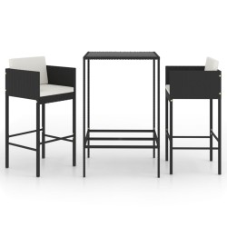 vidaXL Set muebles bar jardín 3 piezas y cojines ratán sintético negro