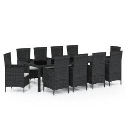 vidaXL Juego de comedor de jardín 11 pzas con cojines ratán PE negro