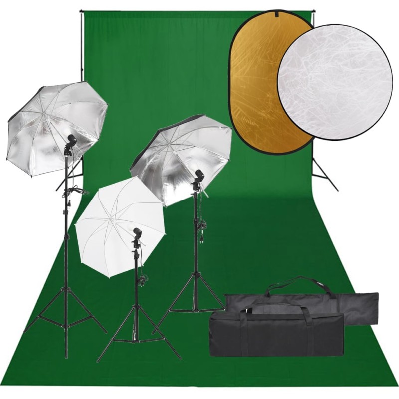 vidaXL Kit de estudio fotográfico con set de luces, fondo y reflector vidaXL Kit de estudio fotográfico con set de luces, fondo y reflector