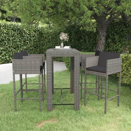 vidaXL Set muebles bar jardín 5 piezas y cojines ratán sintético gris