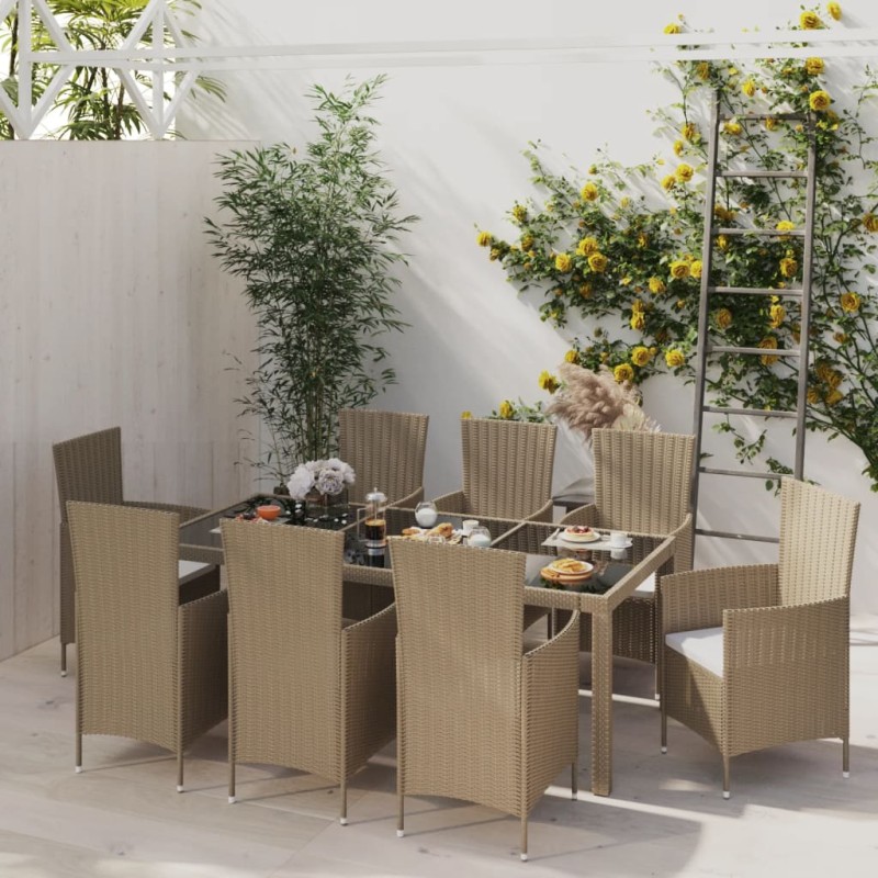 vidaXL Set de comedor de jardín 9 pzas y cojines ratán sintético beige vidaXL Set de comedor de jardín 9 pzas y cojines ratán sintético beige