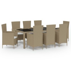 vidaXL Set de comedor de jardín 9 pzas y cojines ratán sintético beige