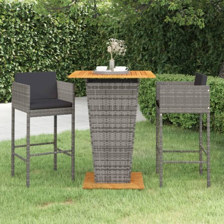 vidaXL Set de muebles bar jardín 3 pzas y cojines ratán sintético gris