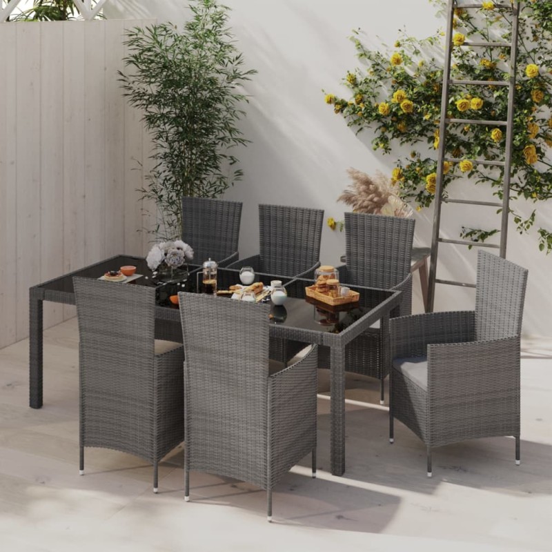 vidaXL Set de comedor de jardín 7 pzas y cojines ratán sintético gris vidaXL Set de comedor de jardín 7 pzas y cojines ratán sintético gris