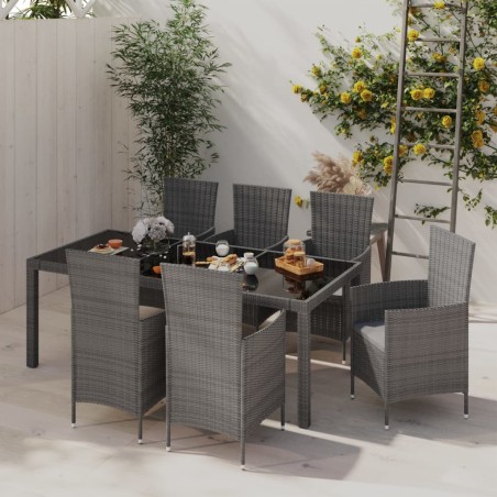 vidaXL Set de comedor de jardín 7 pzas y cojines ratán sintético gris