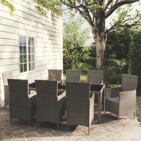 vidaXL Set de comedor de jardín 9 pzas y cojines ratán sintético gris