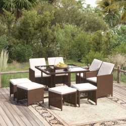 vidaXL Set de comedor jardín 9 pzas y cojines ratán sintético marrón