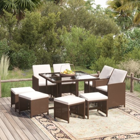 vidaXL Set de comedor jardín 9 pzas y cojines ratán sintético marrón