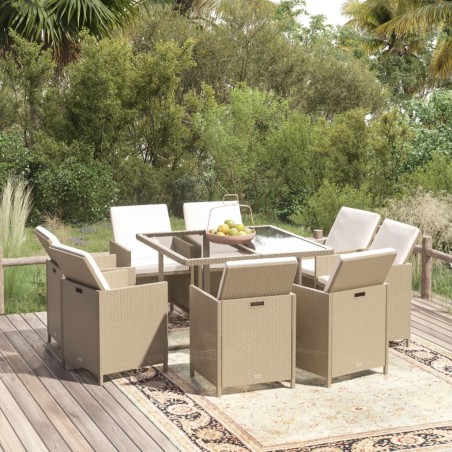 vidaXL Set comedor de jardín 9 pzas con cojines ratán sintético beige