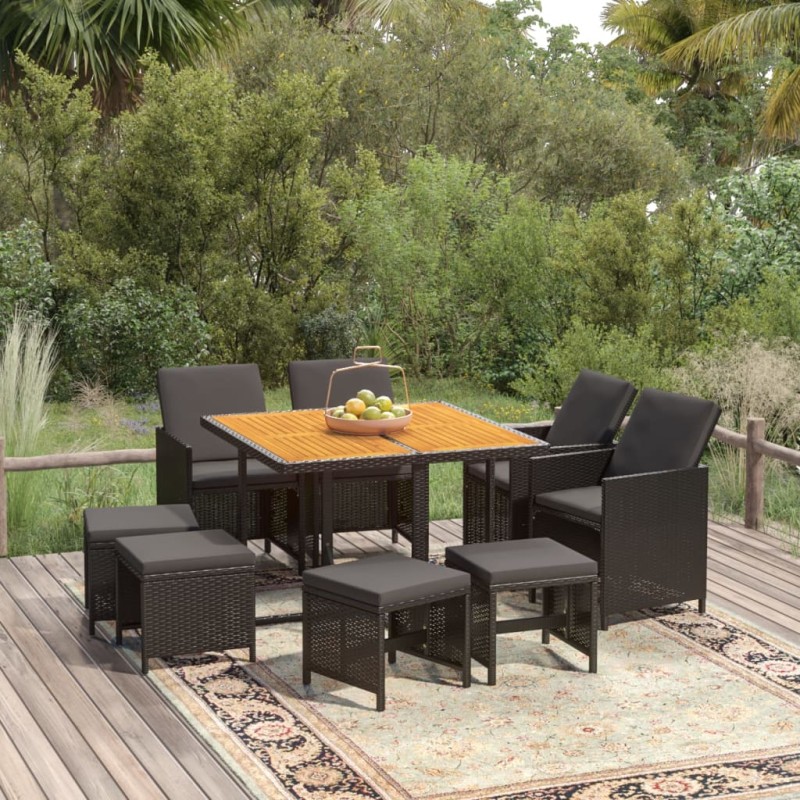vidaXL Set de comedor de jardín 9 pzas y cojines ratán sintético negro vidaXL Set de comedor de jardín 9 pzas y cojines ratán sintético negro